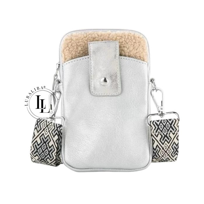 Handytasche mit Teddyfell -Silber